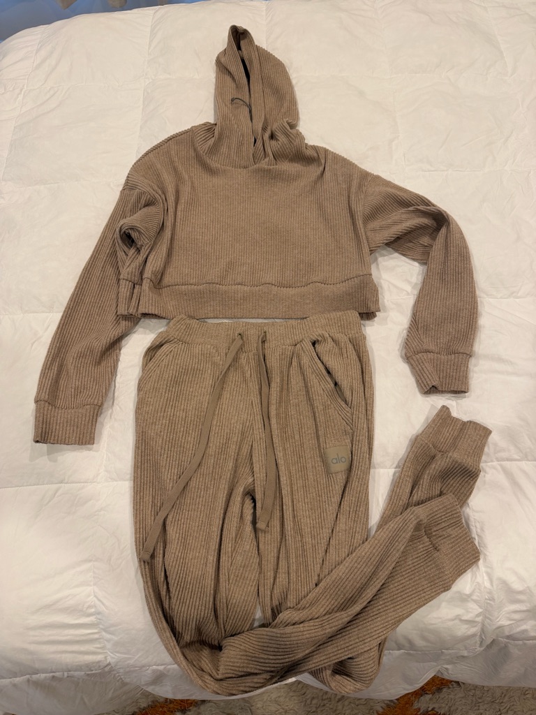 Alo Yoga Ribbed Hoodie & Jogger Set In Taupe